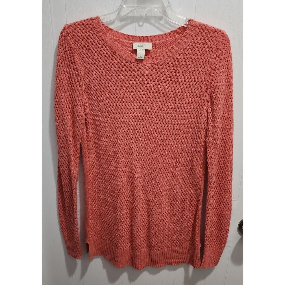 Ann Taylor LOFT Women's Open Knit Long Sleeve Long Sweater Coral Pink Sz Medium